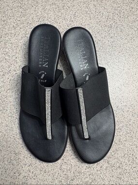 Italian Shoemakers Black Slide Sandals with Rhinestone T-Strap
